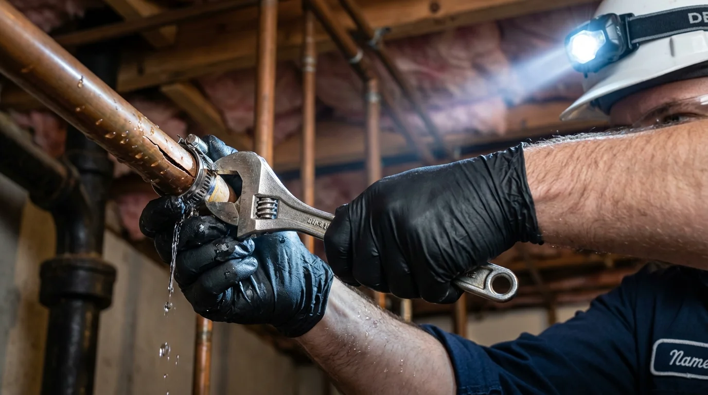 Emergency pipe clamp repair being performed by a Johns Plumbing LLC plumber in Northvale