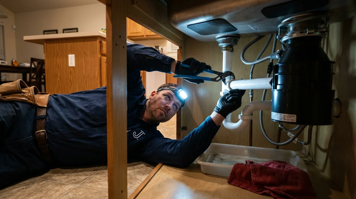 P-trap and supply line connections under a kitchen sink showing a common leak point in Northvale, NJ